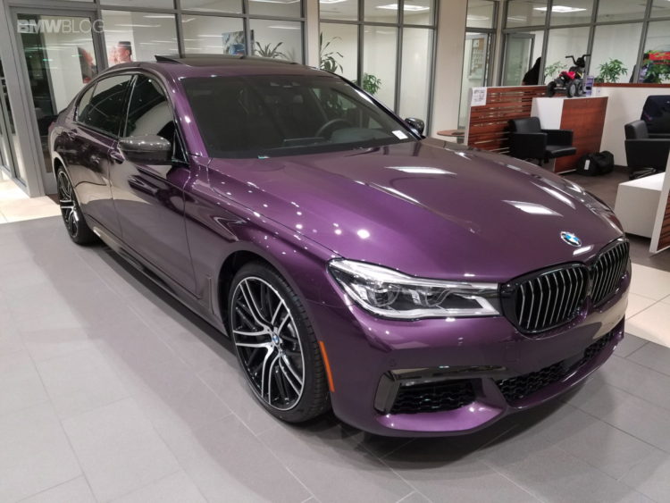 Daytona Violet BMW 7 Series in the showroom