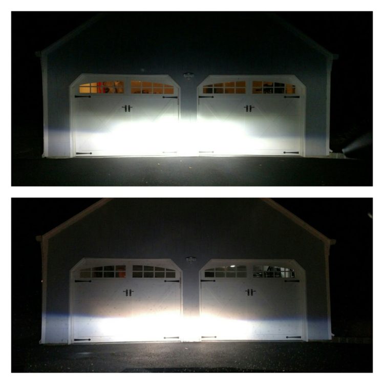 The picture on top demonstrates how much brighter the new LED bulbs are while shining on a wall that's about 20' away. The bottom picture was taken with the stock halogen bulbs.