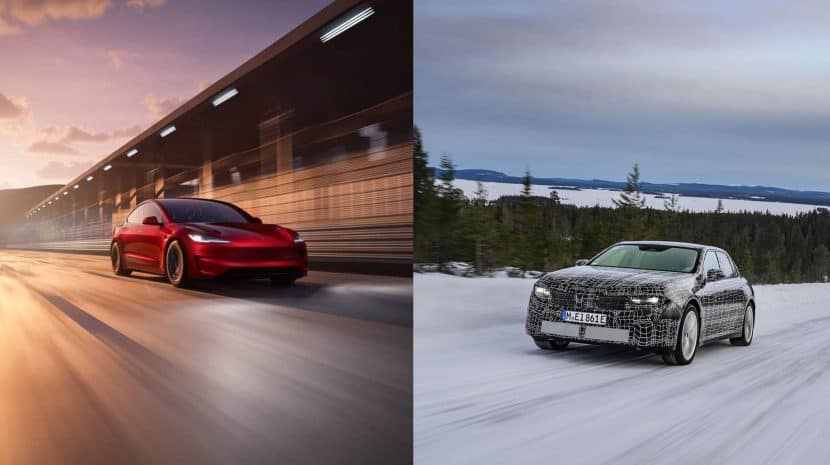 2027 BMW i3 Neue Klasse vs 2025 Tesla Model 3: EV Range, Charging, and Performance Compared Front three-quarter view of 2027 BMW i3 Neue Klasse next to Tesla Model 3 Performance on charging station background