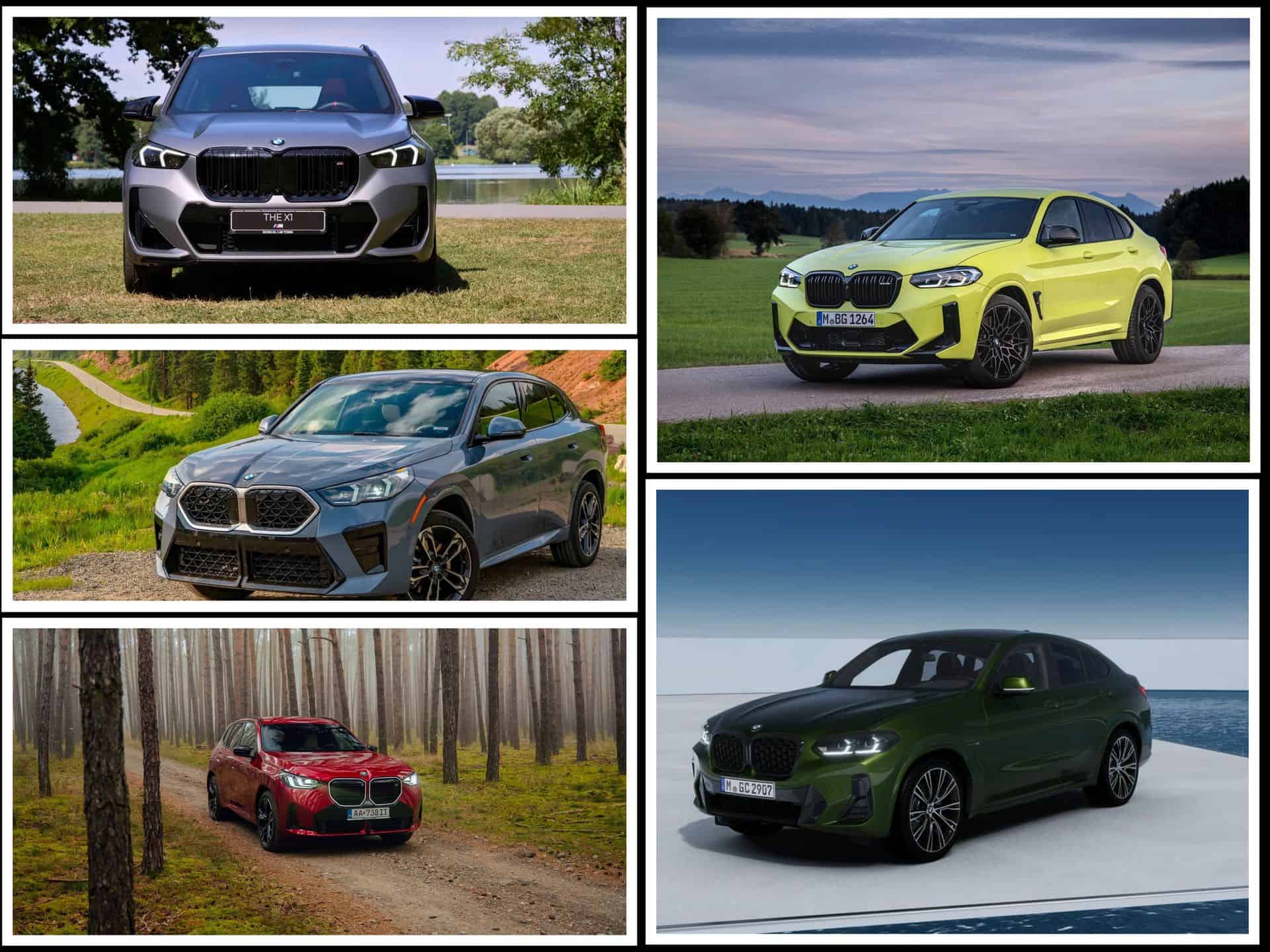 BMW SUV lineup front view including X1, X3, X4, and X2 in 2025 model year trims