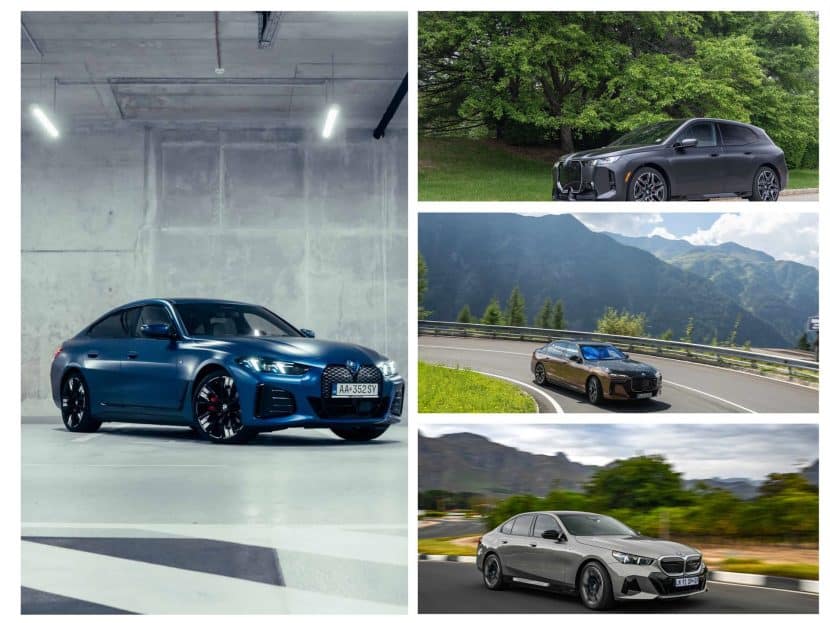 BMW i4, i5, i7, and iX electric vehicles side by side in a lineup for depreciation comparison