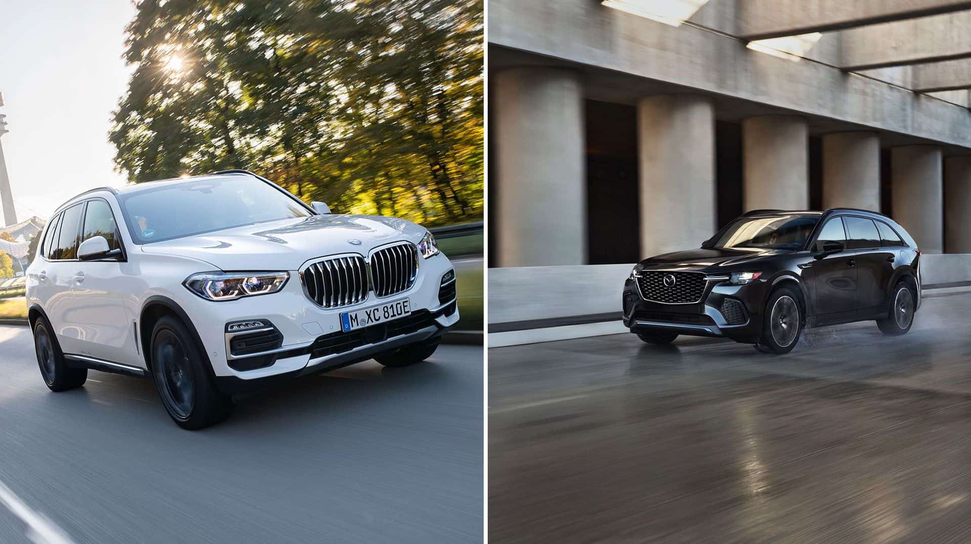 Used BMW X5 xDrive45e parked beside a new Mazda CX-70 3.3 Turbo Preferred