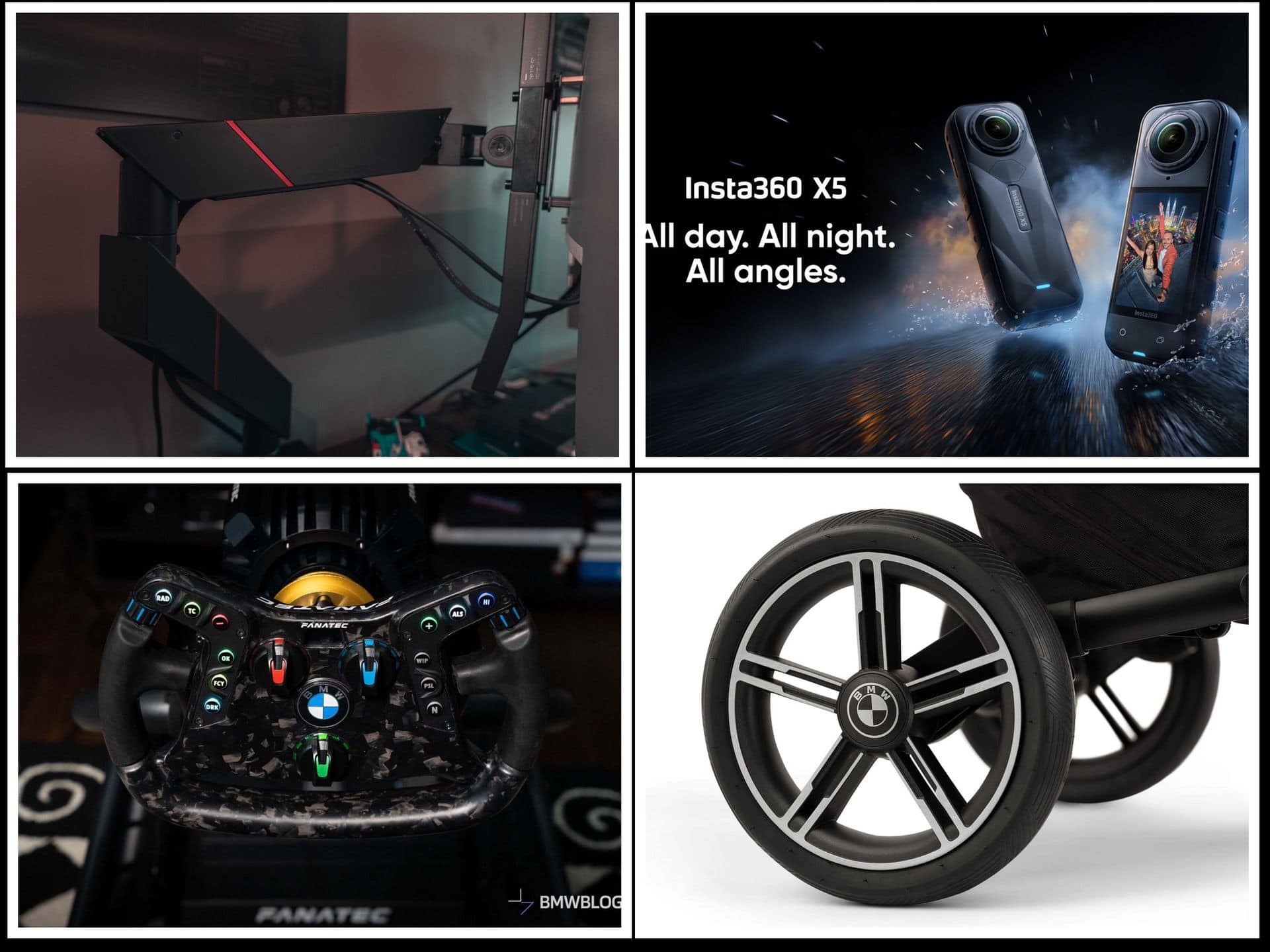 BMWBLOG gear setup featuring Secretlab standing desk, BMW Nuna stroller, Insta360 X5 camera, and Fanatec sim racing rig with M4 GT3 steering wheel