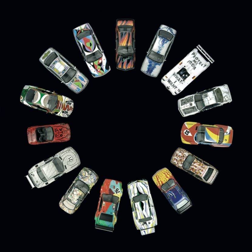 Available in a limited edition, the BMW Art Car Collection miniatures are accurate reproductions of the originals in a scale of 1:18. Clockwise from top: the BMW 635 CSi by Ernst Fuchs; the BMW 535i by Matazo Kayama; the BMW V12 Le Mans Roadster by Jenny Holzer; the BMW 635 CSi by the American Robert Rauschenberg; the BMW 3.0 CSL by Alexander Calder; the BMW M3 Group A by Michael Jagamara Nelson; the BMW M3 Group A Racing Version by Ken Done; the BMW 320i Group 5 Race Version by Roy Lichtenstein; the BMW M1 Group 4 by Andy Warhol; the BMW M3 GTR by Sandro Chia; the BMW 3.0 CSL by Frank Stella; the BMW Z1 by A.R. Penck; the BMW 850 CSi by David Hockney; the BMW 525i by Ester Mahlangu; the BMW 730i by César Manrique
