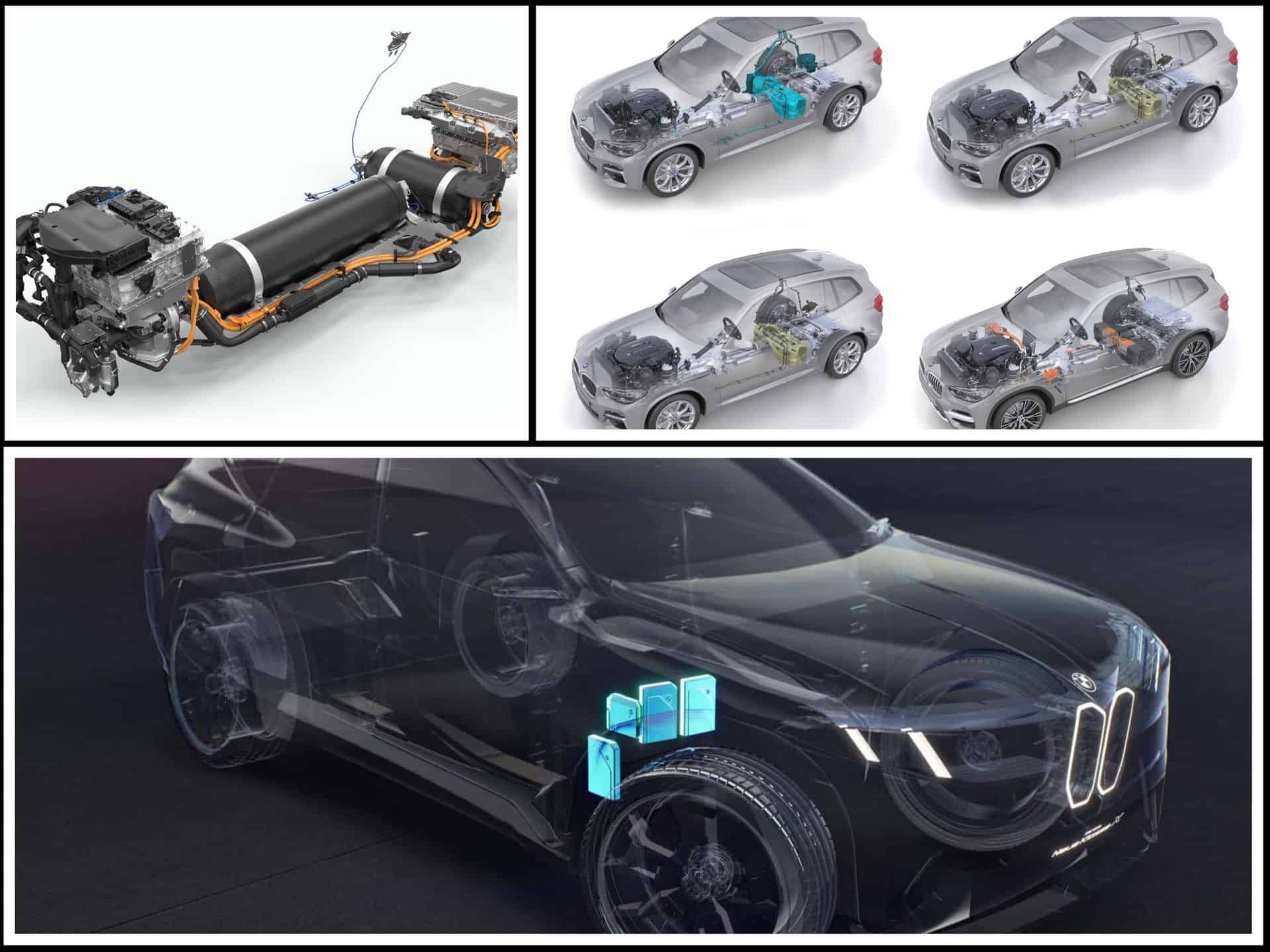 Composite image showing BMW hydrogen drivetrain, Neue Klasse EV technology, and CLAR platform