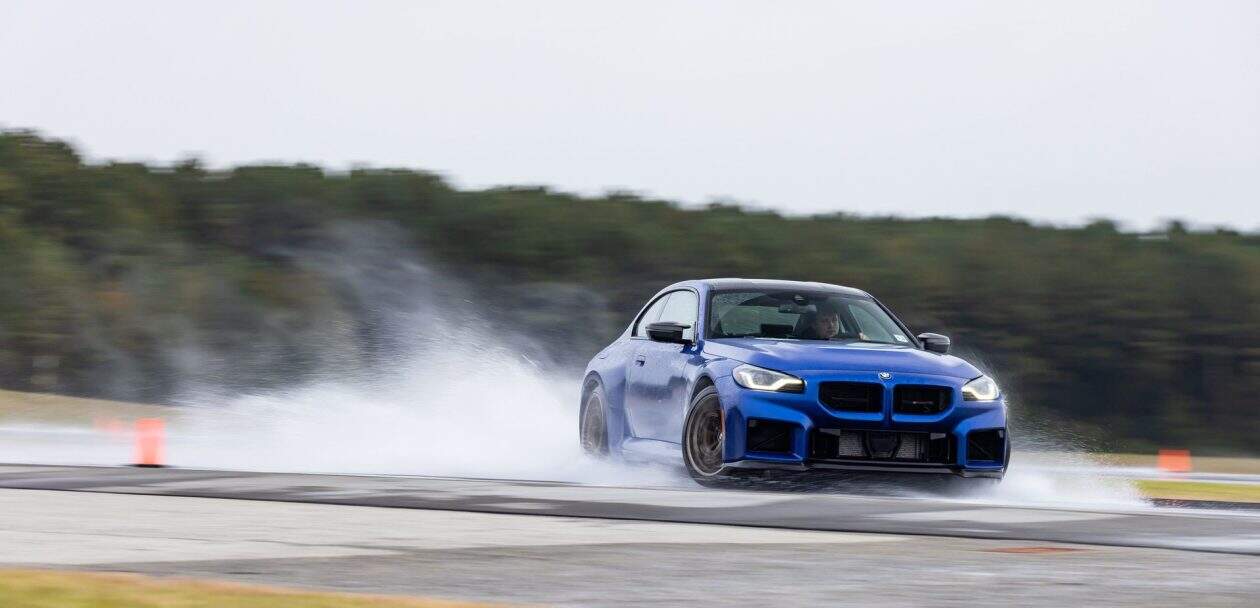 2026 BMW M2 CS on wet track at Michelin proving grounds