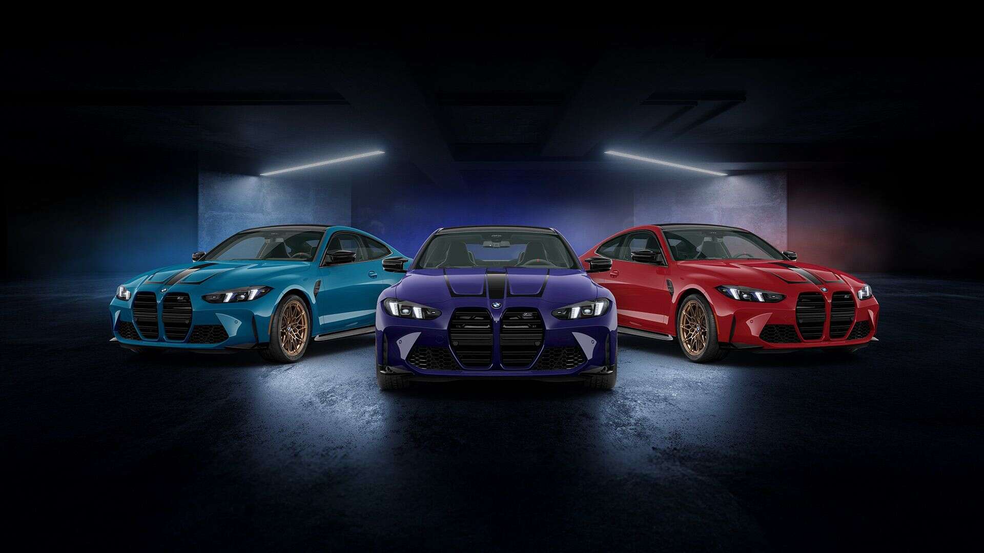 Three 2027 BMW M4 Coupe M Legacy Edition models shown side by side in the three available historic M colours: Laguna Seca Blue, Velvet Blue Metallic, and Imola Red II, each featuring gold bronze 826M wheels and black M graphics across the hood and trunk