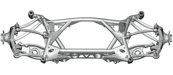 Five-link rear axle in the BMW M3 and BMW M4. Control arms and wheel carriers in aluminium construction, rear axle support in steel lightweight construction, rigidly connected to the body.